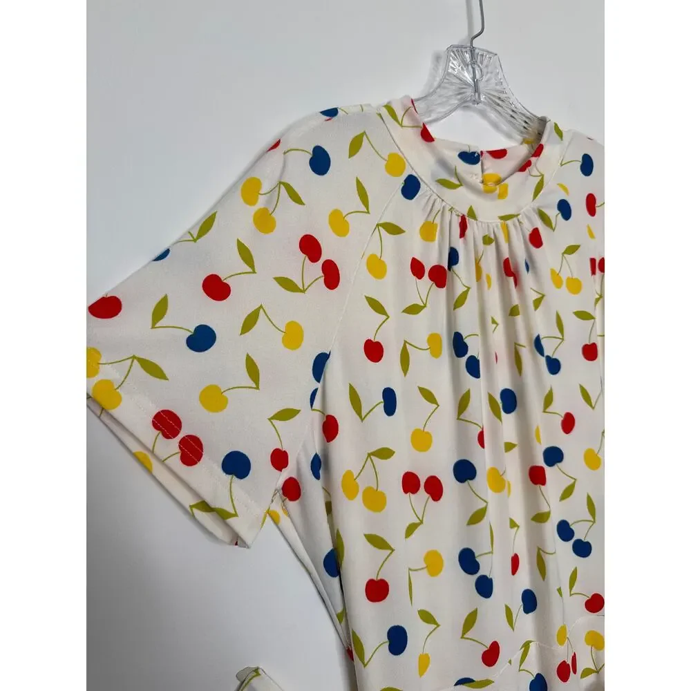 ModCloth Cherry Print retro swing Fit & Flare Dress mock neck & belt XL